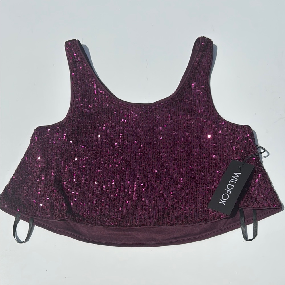 Wildfox Sequin Crop Tank Top Purple Plum Sparkle Party Festival Size M NWT